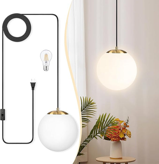 KoKo&Yukina 8" Globe Pendant Light Gold Plug in Pendant Light Adjustable Hanging Lights with Plug in Cord Brushed Gold Finished with Milk Glass Lampshade for Bedroom Kitchen Island（Bulb Included）
