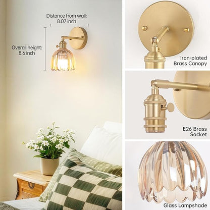 Shenmoyl Vintage Battery Operated Wall Sconce with Amber Tulip Glass Lampshade Rechargeable Battery Powered Wall Light with Remote Control for Bedside Bedroom Doorway