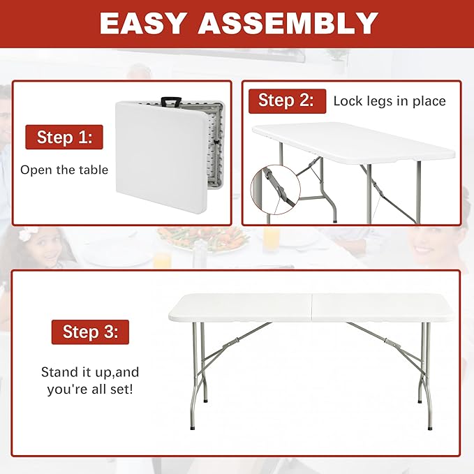 Elevon 6FT Folding Tables – Heavy Duty Portable Foldable Table with Built-in Handle, 300 lb Capacity – Ideal for Events, Parties, Crafts, Camping & Dining (4-Pack)