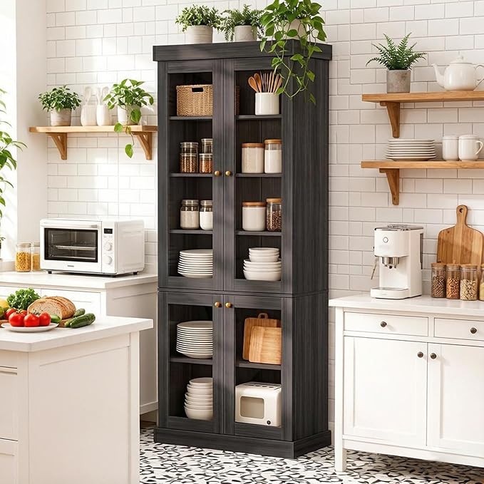 70.8" Farmhouse Kitchen Pantry Cabinet with Glass Doors, Modular Storage Cabinet with 6-Tier Adjustable Shelves, Large Storage Cabinet for Kitchen or Living Room, Black