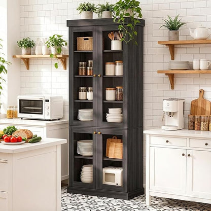 70.8" Farmhouse Kitchen Pantry Cabinet with Glass Doors, Modular Storage Cabinet with 6-Tier Adjustable Shelves, Large Storage Cabinet for Kitchen or Living Room, Black