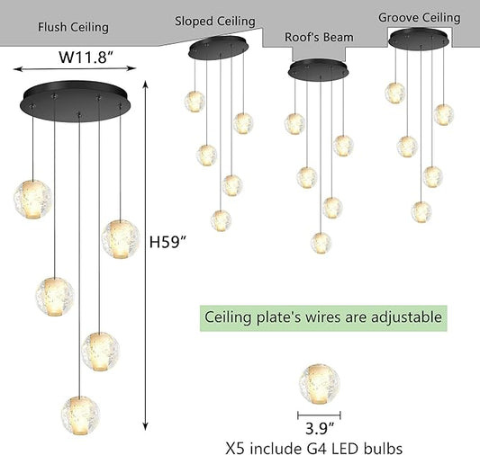 HAIXIANG 5 Lights Globe Chandelier Modern Crystal Glam Light LED Warm Light Pendant Lights for Dining Room Kitchen Island Black Lighting Fixture