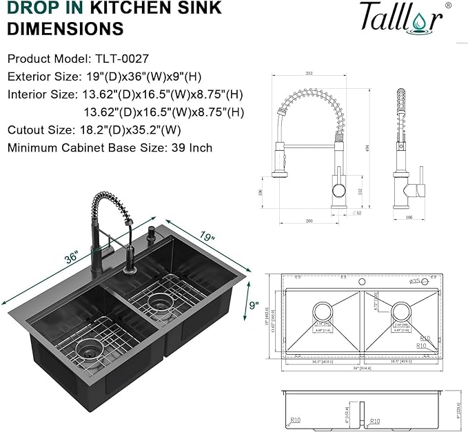 36 Inch Drop-In Double Bowl Kitchen Sink with Faucet, 16 Gauge 304 Stainless Steel 50/50 Low Divide Workstation All-In One Large Sink with Accessories Gunmetal Black #TL-FDOE00094
