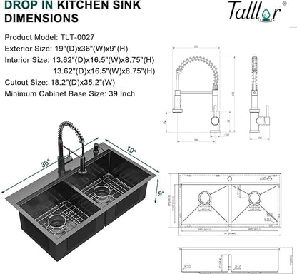 36 Inch Drop-In Double Bowl Kitchen Sink with Faucet, 16 Gauge 304 Stainless Steel 50/50 Low Divide Workstation All-In One Large Sink with Accessories Gunmetal Black #TL-FDOE00094