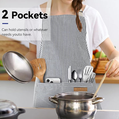 NLUS 2 Pack Cooking Aprons for Women with Pockets, Adjustable Kitchen Bib Aprons Chef Aprons for Women Men(Blue Pinstripes)