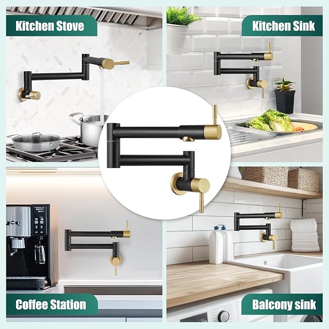 Heyalan Pot Filler 19 Inch Wall Mount Folding Stretchable Kitchen Restaurant Faucet Stainless Steel Pot Filler Double Joint Swing Arm Two Handles Commercial NPT,Straight Handle,Black and Brushed Gold