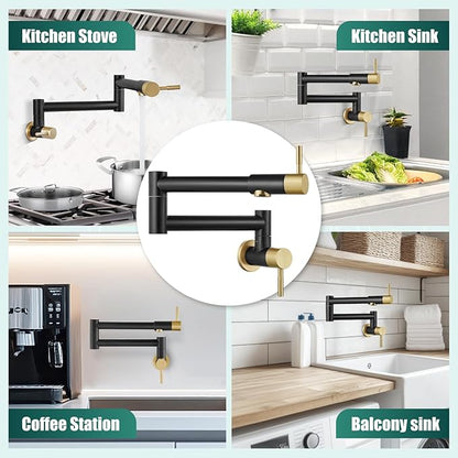 Heyalan Pot Filler 19 Inch Wall Mount Folding Stretchable Kitchen Restaurant Faucet Stainless Steel Pot Filler Double Joint Swing Arm Two Handles Commercial NPT,Straight Handle,Black and Brushed Gold