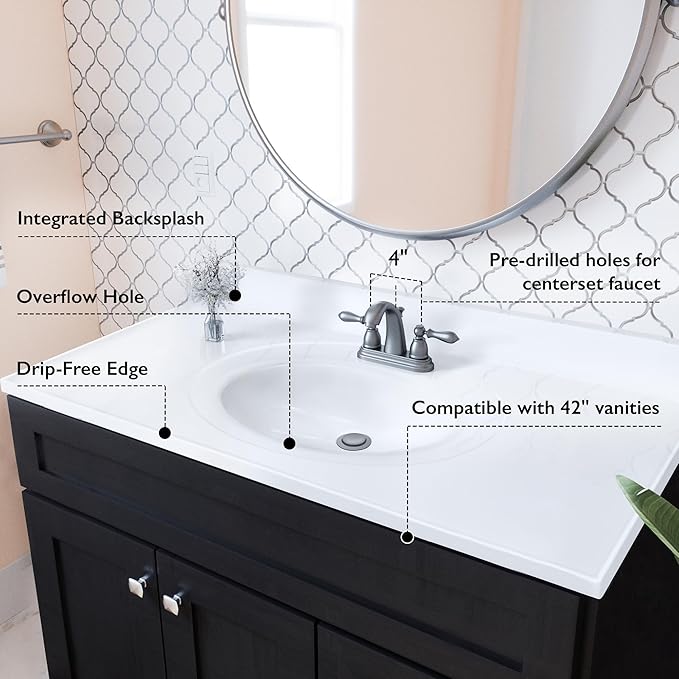 Design House Cultured Marble Vanity Top, 43 in W x 22 in D, Integrated 4 in Centerset Oval Sink & Backsplash, Solid White, 586156