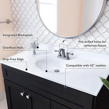 Design House Cultured Marble Vanity Top, 43 in W x 22 in D, Integrated 4 in Centerset Oval Sink & Backsplash, Solid White, 586156