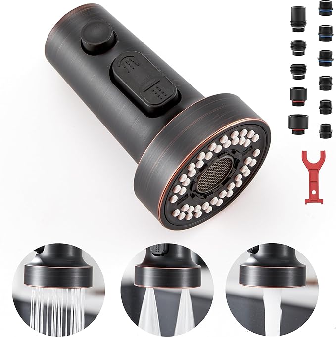 TIORIY Kitchen Faucet Head Replacement with 15 Adapters, 3 Modes Kitchen Faucet Spray Head Replacement, Pull Out Kitchen Faucet Sprayer Head Nozzle, Oil Rubbed Bronze, Plastic