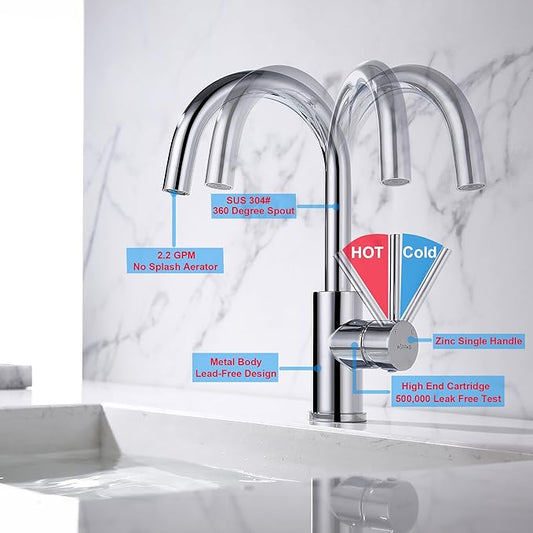 Single Hole Bar Faucet Chrome, WiPPhs Small Kitchen Sink Faucets with Hot and Cold Supply Lines, Single Handle Modern Wet Bar Faucet