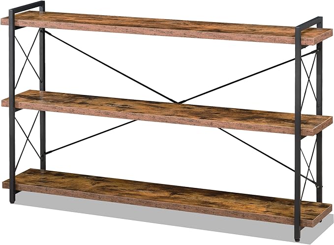 HCHQHS Bookshelf, 3-Tier Long Industrial Bookcase, Rustic Open Book Shelf, Freestanding Horizontal Bookshelves with Metal Frame