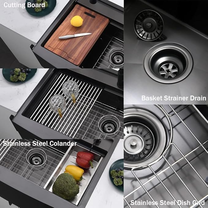 33 Inch Farmhouse Kitchen Sink Splash Guard Waterfall Workstation Black- VOKIM 33x22Inch Apron Front Kitchen Sik Stainless 16 Gauge Farm Sink With Multifunctional Top Loading Flying Rain pull-out