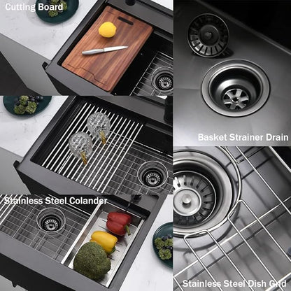 33 Inch Farmhouse Kitchen Sink Splash Guard Waterfall Workstation Black- VOKIM 33x22Inch Apron Front Kitchen Sik Stainless 16 Gauge Farm Sink With Multifunctional Top Loading Flying Rain pull-out