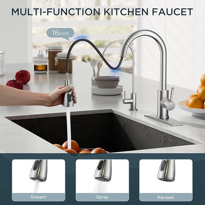 FORIOUS Kitchen Faucet and Water Filter Faucet Combo, Brushed Nickel Stainless Steel Bar Faucet Pull Down Sprayer and Drinking Purifier Faucet Set for Kitchen Sink RV Farmhouse Camper