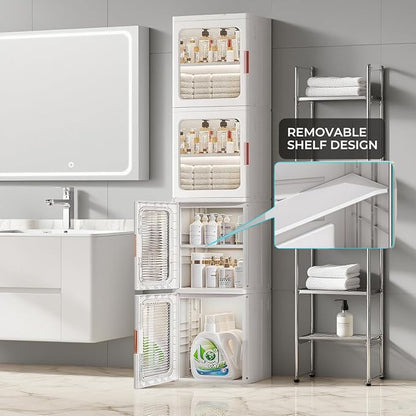 4-Tier Narrow Storage Cabinet Foldable Plastic Bathroom Organizers with Magnetic Doors & Adjustable Shelves, Slim Storage for Small Spaces Pantry Kitchen Laundry Room Quick Assembly, White