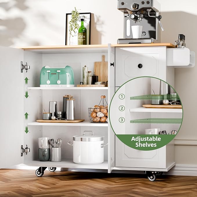Kitchen Island with Storage, Rolling Kitchen Island Cart with Drop Leaf, Storage Drawers, Spice Rack, and Towel Rack for Kitchen and Dining Room, White