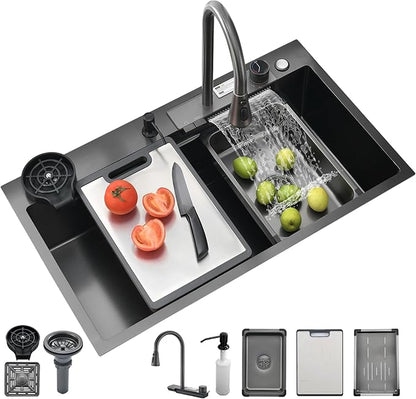 Black Kitchen Sink, 32 Inch Nano Stainless Steel Waterfall, Countertop Workstation Single Sink Set & Accessories, for Countertop, Kitchen, Bar (BLACK, 32IN)