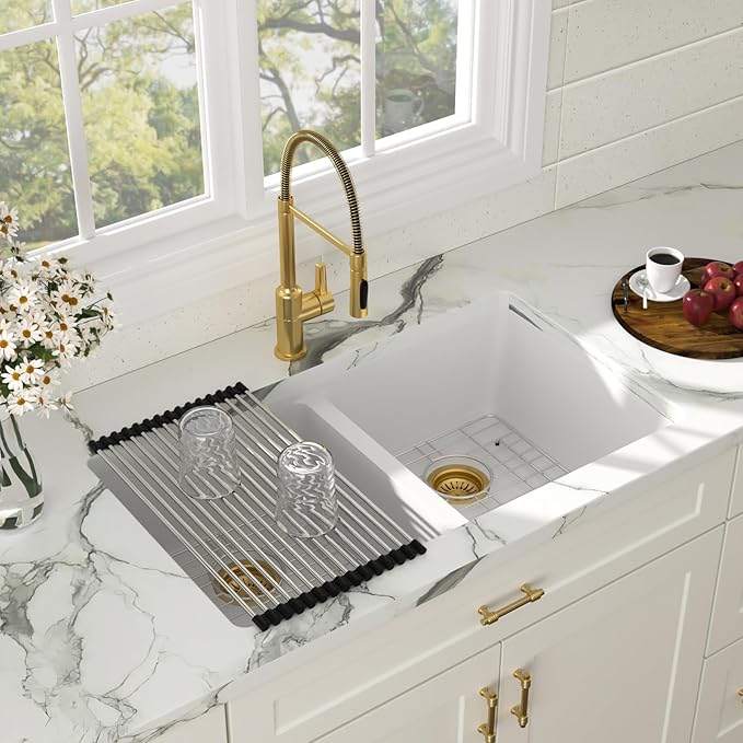 33 Granite Composite Kitchen Sink - Couoko 33x19 Inch White Undermount Granite Kitchen Sink White Quartz Sink Under Counter 50/50 Double Bowl Sink Basin