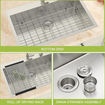33 Drop in Kitchen Sink - Meryaio 304 Stainless Steel Topmount 16 Gauge 33x22 Single Bowl Sinks for Kitchen, Handmade Above Counter Large Kitchen Sinks Basin with Drain Accessories, 33''x22''x9''