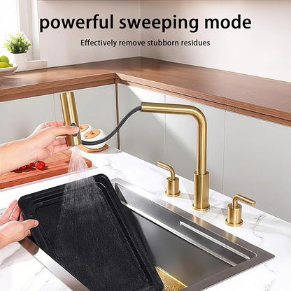 Kitchen Sink Faucet with Pull Down Sprayer - Brushed Gold 3 Hole Stainless Steel Kitchen Faucets - 2 Handle 8 Inch Champagne Bronze Waterfall Sinks Faucet for Laundry Farmhouse Three Holes Set