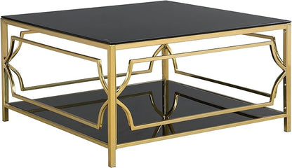 Harper & Bright Designs Square Glass Coffee Table in 33.5",Luxurious Geometric Metal Frame,Gold Finish & Lower Shelf