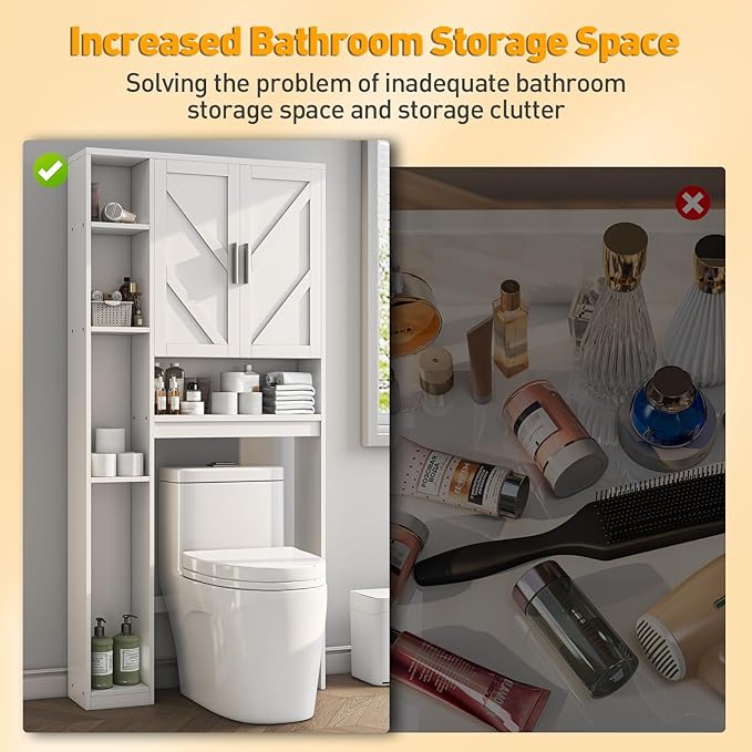 Over The Toilet Storage Cabinet with 7 Storage Shelves, Above Toilet Bathroom Organizer with Toilet Paper Holder Stand, Behind Toilet Cabinet, Space Saver for Restroom, Bathroom, Laundry, White