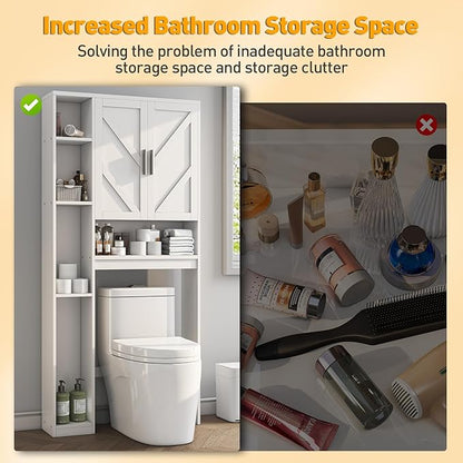 Over The Toilet Storage Cabinet with 7 Storage Shelves, Above Toilet Bathroom Organizer with Toilet Paper Holder Stand, Behind Toilet Cabinet, Space Saver for Restroom, Bathroom, Laundry, White