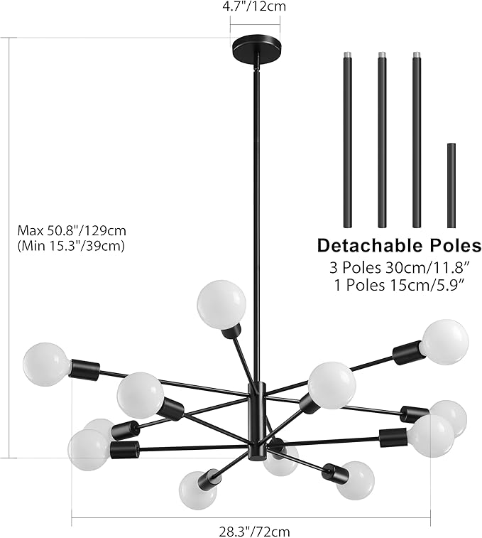 RUIYEY Modern Sputnik Chandeliers Light, 12-Light Black Chandeliers for Dining Room, E26 Height Adjustable Chandelier Ceiling Lighting Fixture for Farmhouse Kitchen Island Living Room Foyer