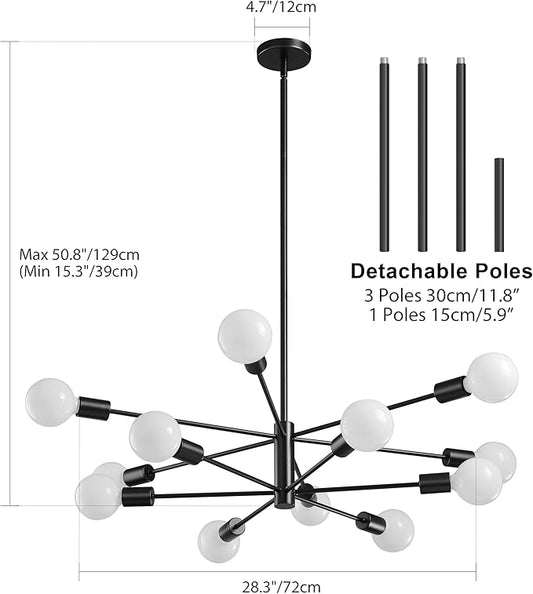 RUIYEY Modern Sputnik Chandeliers Light, 12-Light Black Chandeliers for Dining Room, E26 Height Adjustable Chandelier Ceiling Lighting Fixture for Farmhouse Kitchen Island Living Room Foyer