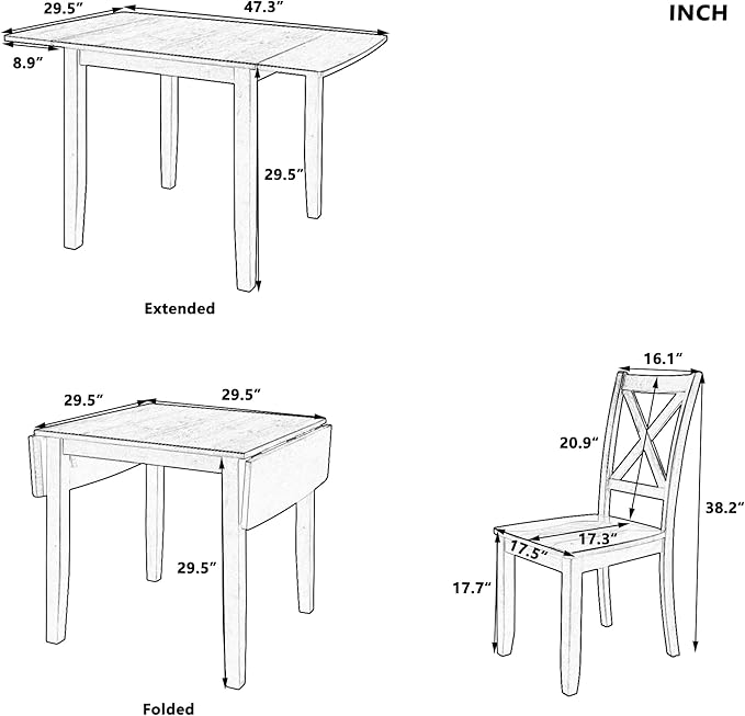 Wood Dining Table Set with 2 X-Back Chairs,3-Piece Drop Leaf Breakfast Nook Table with Chairs for Kitchen Room (Brown)