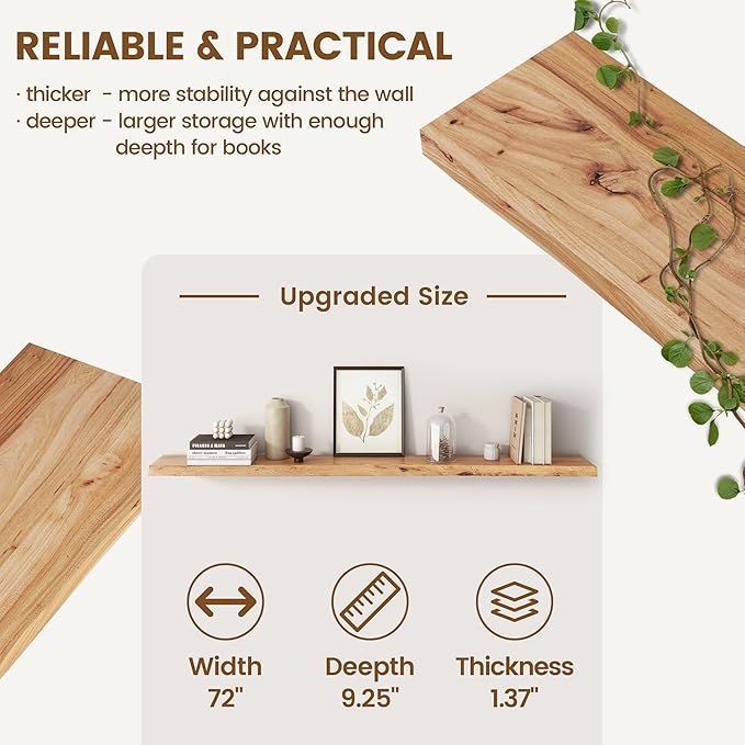 Venusmiles Reclaimed Elm Wood Floating Shelf for Wall, Live Edge 72" W x 9.2" D x 1.4" H, 1 Pack Large Invisible Wall Mounted Shelf for Living Room Bedroom Kitchen Bathroom Decor, Natural Finish