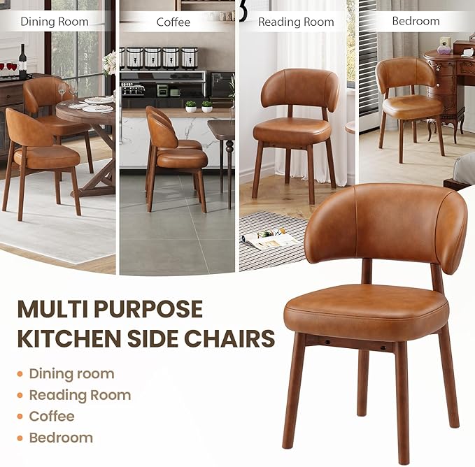MALOL Wooden Dining Chairs Set of 6, Modern Upholstered Dining Room Chair, PU Leather Kitchen Side Chairs with Curved Open Back for Living Room/Restaurant/Cafe, Brown