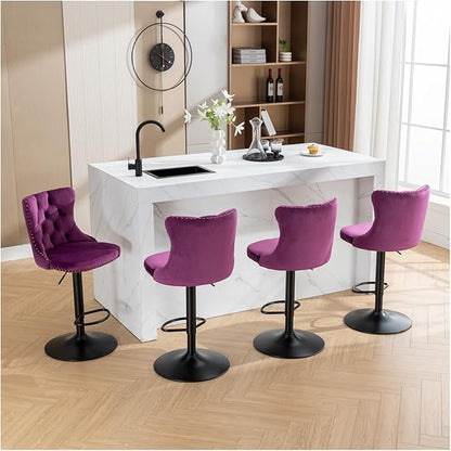 Swivel Velvet Barstools Adjusatble Seat Height from 25-33 Inch,17.7 inch Base, Modern Upholstered Bar Stools with Backs Tufted for Home Pub and Kitchen Island,Purple,Set of 2,for Living Room