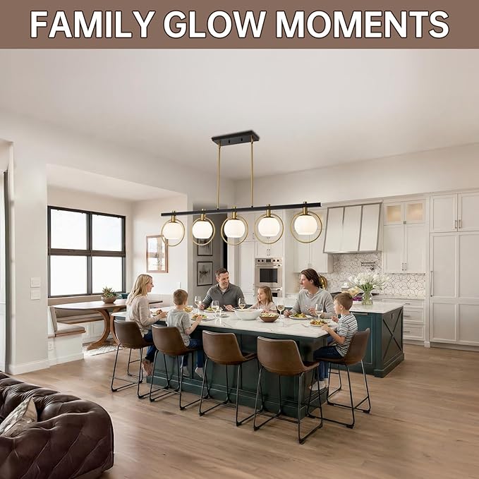 WJShome Black and Gold Farmhouse Chandelier, Dining Room Light Fixture Over Table, 5-Light Kitchen Island Lighting, Adjustable Height Linear Chandeliers, with Milk Glass Shades