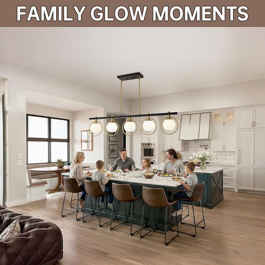 WJShome Black and Gold Farmhouse Chandelier, Dining Room Light Fixture Over Table, 5-Light Kitchen Island Lighting, Adjustable Height Linear Chandeliers, with Milk Glass Shades