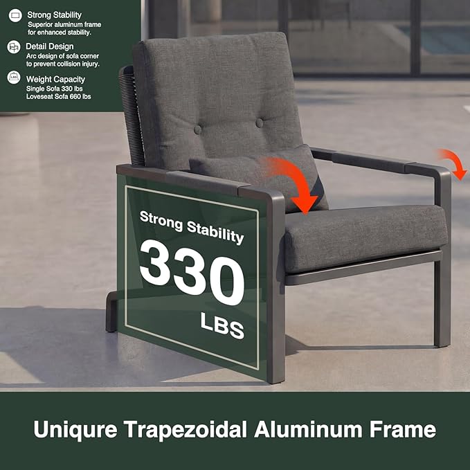 Patio Furniture Set, 2-Piece Aluminum Outdoor Single Chairs with Washable High-Resiliency Sponge Cushions, Upgraded Gray