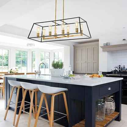 JONATHAN Y 35" Black/Brass Gold Farmhouse Industrial 8-Light Iron LED Pendant Light for Kitchen Island Dining Room, Modern Cage Lantern, Adjustable Height, 4 Bulbs Included (JYL6511A)