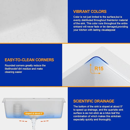 Dcolora 33 In. Quartz Drop In Kitchen Sink, White Workstation Single Bowl Topmount Sink, Granite Composite Build, 33" X 22" X 10" #DC-0002GWT
