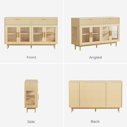 IRONCK 59'' Sideboard Buffet Cabinet with Drawers, Modern Kitchen Storage Cabinet with Adjustable Shelves and Tempered Glass Doors, Wood Coffee Bar for Kitchen, Living Room, Oak