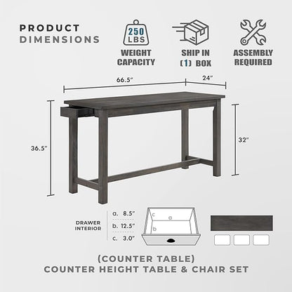 Lexicon Oreille Bar Table with Stools Set, Modern Console Table with Stools - 4-Piece Set with 2 USB Ports & A/C Power Outlets, Counter Height, Discrete Drawer, Perfect Dining Room & Kitchen Gray