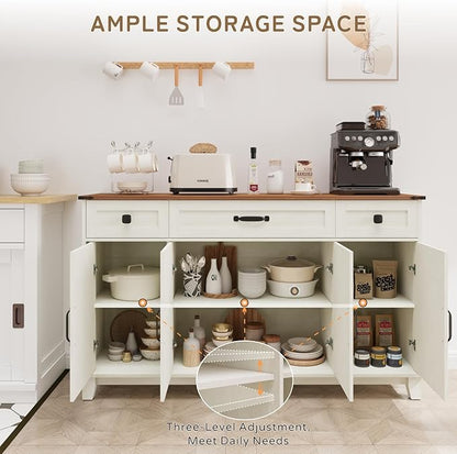 Farmhouse Buffet Cabinet with Drawers, 55" Large Sideboard Kitchen Buffet Storage Cabinet with 3 Adjustable Shelves and Doors Heightened Table Wood Coffee Bar for Kitchen Living Room, Off-White
