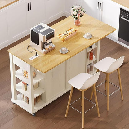 YITAHOME Rolling Kitchen Island with Drop Leaf, 51 Inch Kitchen Cart with Trash Can Cabinet, Americana Center Island with Power Outlet, Mobile Foldable Dining Table with Open Shelves, Off-White