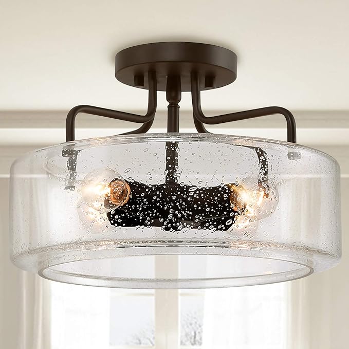 KSANA Semi Flush Mount Ceiling Light, 4-Light Flush Ceiling Light with Seeded Glass Shade for Kitchen, Hallway, W 12" x H 8"