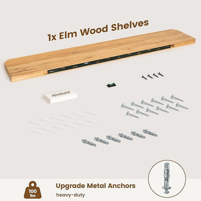 Reclaimed Elm Wood Floating Shelves for Wall Round Edge, 55"W x 9.2"D x 1.37"H, Set of 1 with Invisible Bracket, Wall Mounted Shelves for Living Room Bedroom Kitchen Bathroom Decor, Natural Finish