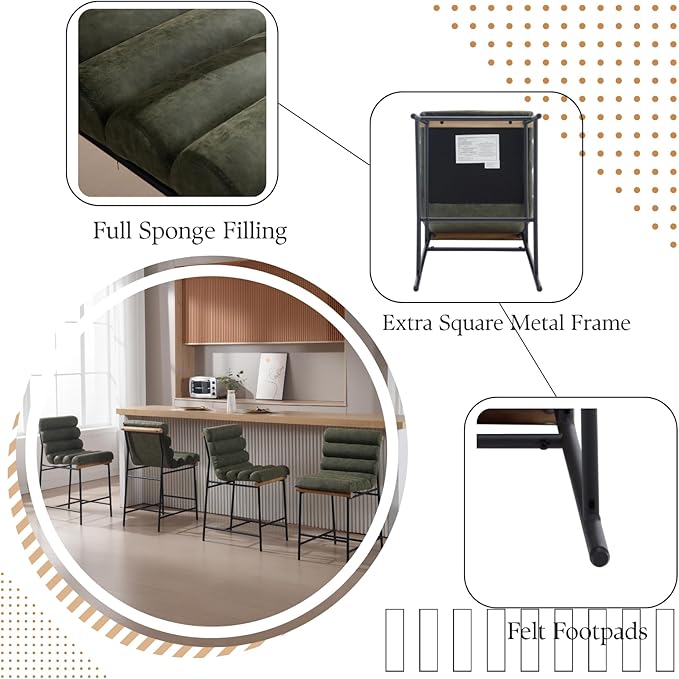 Green Pu Leather Bar stools Set of 6, 25” Modern Upholstered Counter stools with Black Metal Legs, Armless Counter Height Chairs with Channel Tufted Back for Kitchen Island Home Pub