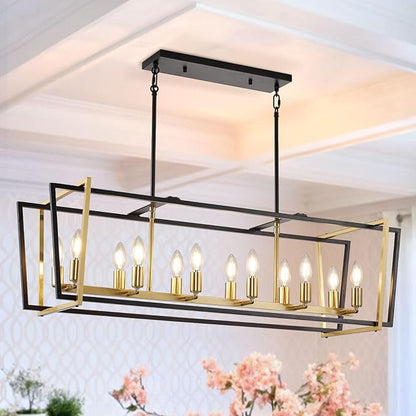 WJShome 12 Light Chandeliers for Dining Room, Farmhouse Kitchen Island Lighting, Black and Gold Rectangle Chandelier, Rustic Adjustable Height Metal Hanging Dining Table Fixture
