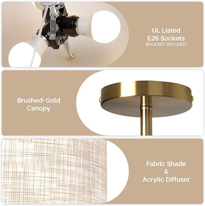 13" Semi Flush Mount Ceiling Light Fixture, Modern Drum Ceiling Light with Textured Linen Fabric Shade and Gold Base, 3-Light Farmhouse Lighting for Bedroom, Kitchen, Entryway, Living Room