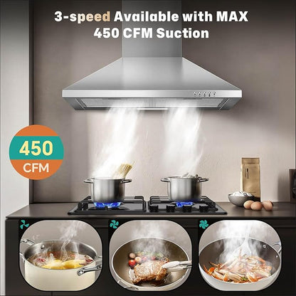 SNDOAS 24 inch Range Hood,Stainless Steel Oven Vent Hood,Wall Mount Kitchen Hood,Ducted/Ductless Chimney-Style Kitchen Exhaust Hood with Push Button Control,Stove Vent Hood with 3-speed Fan