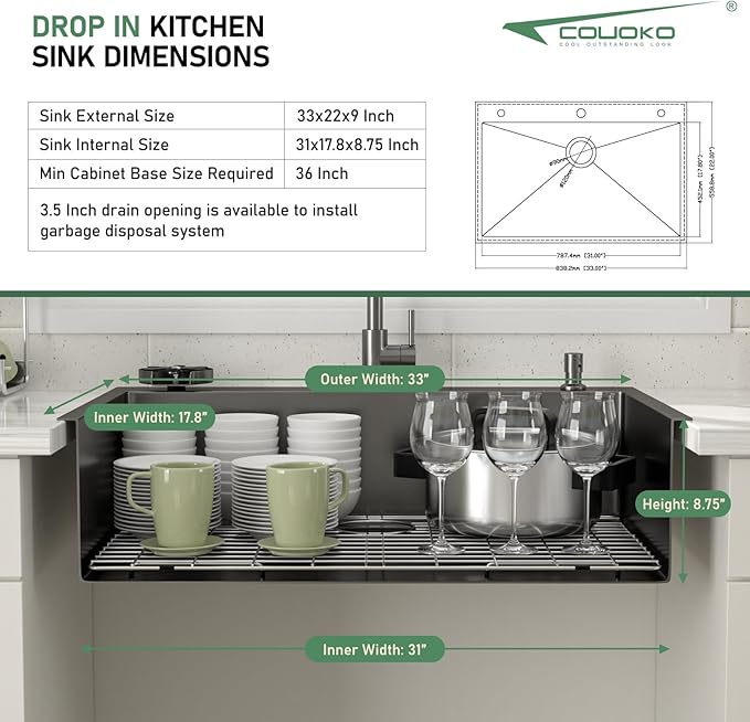 33x22 Black Drop In Kitchen Sink with Faucet Combo16 Gauge Stainless Steel Single Bowl Kitchen Sink Large Deep Round Corner Handmade Topmount Overmount Basin Kitchen Sinks